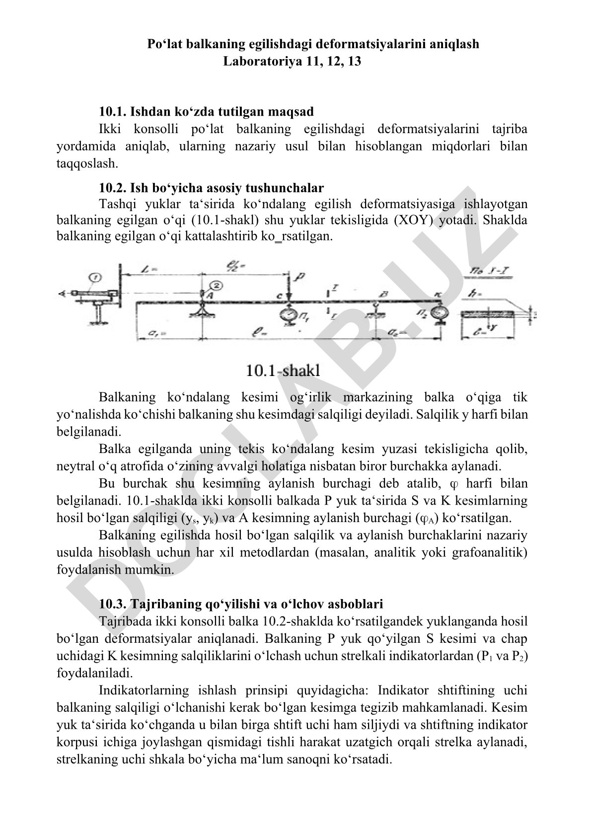 Po'lat balkaning egilishdagi deformatsiyalarini aniqlash