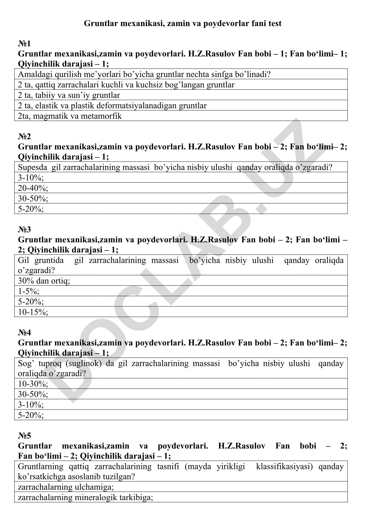 Gruntlar mexanikasi, zamin va poydevorlar fani test №1-5