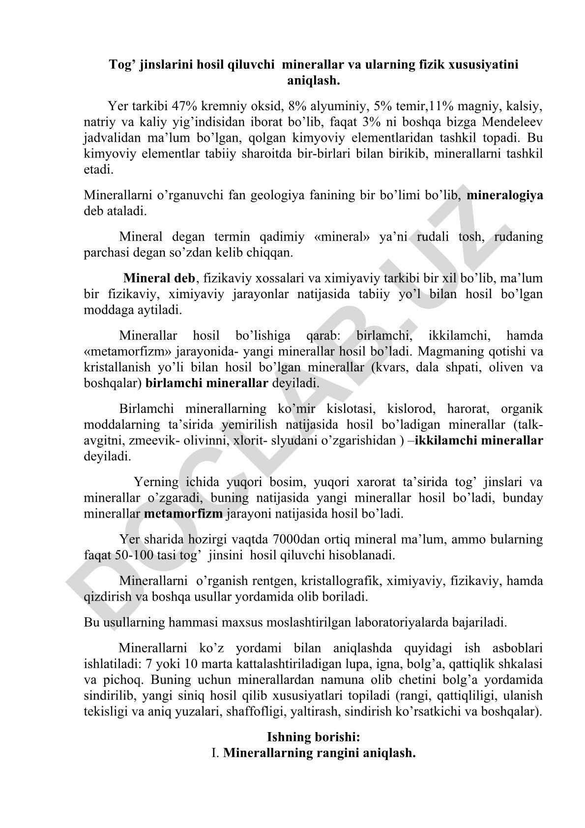 Tog' jinslarini hosil qiluvchi minerallar va ularning fizik xususiyatlari