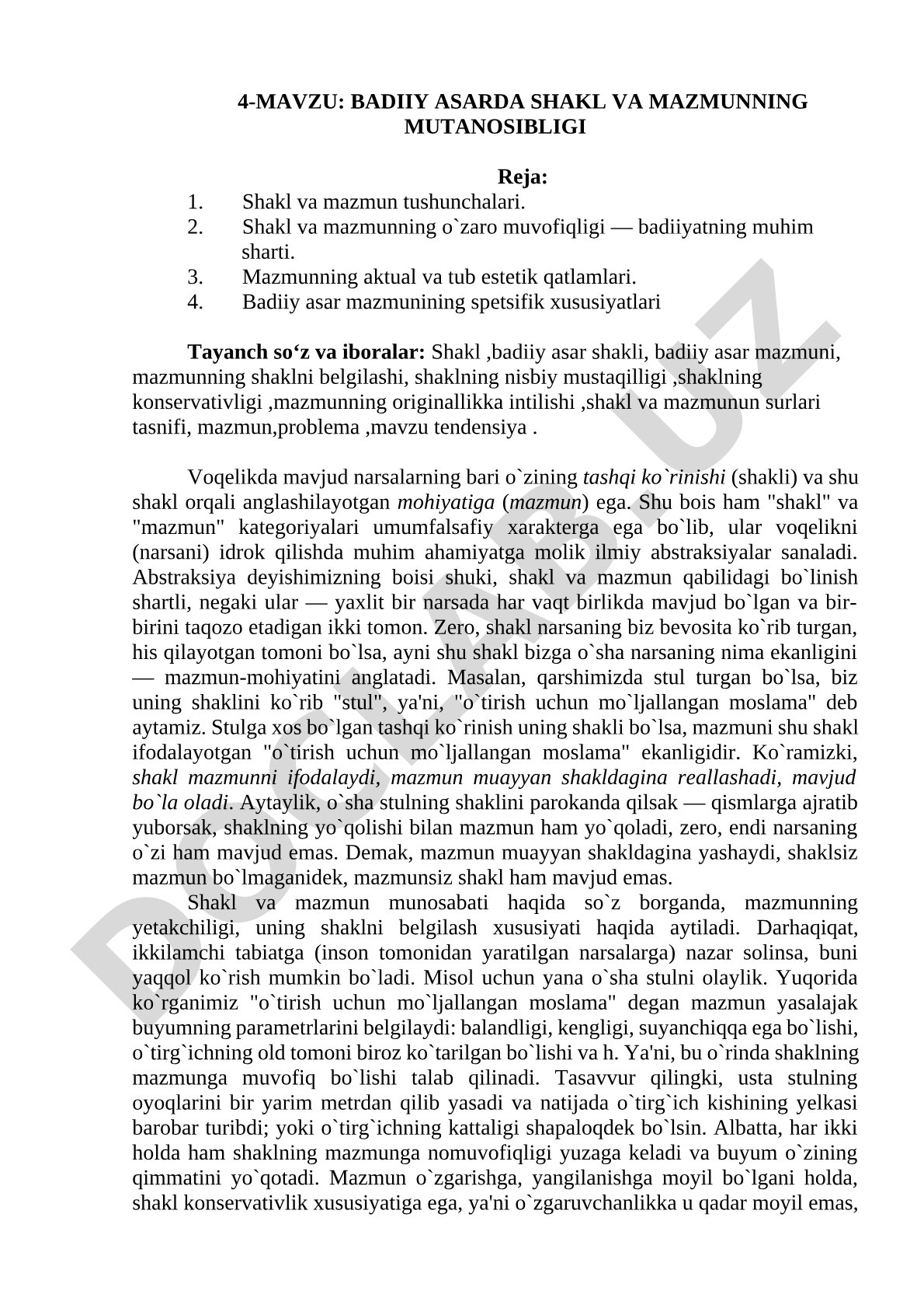 BADIIY ASARDA SHAKL VA MAZMUNNING MUTANOSIBLIGI