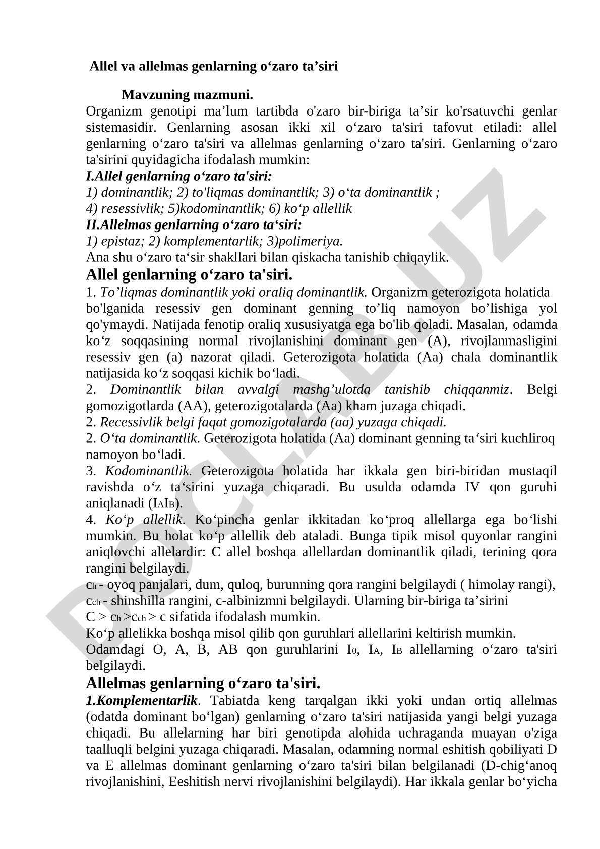 Allel va allelmas genlarning o‘zaro ta’siri