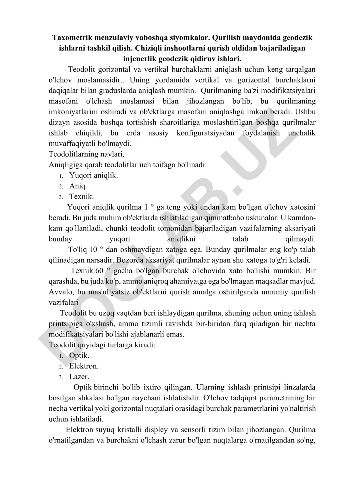 Geodezik ishlar va teodolitlarning turlari