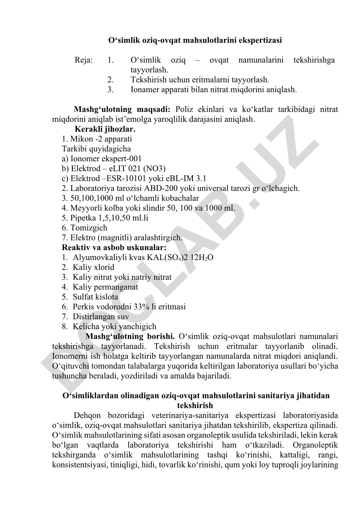 O‘simlik oziq-ovqat mahsulotlarida nitrat miqdorini aniqlash