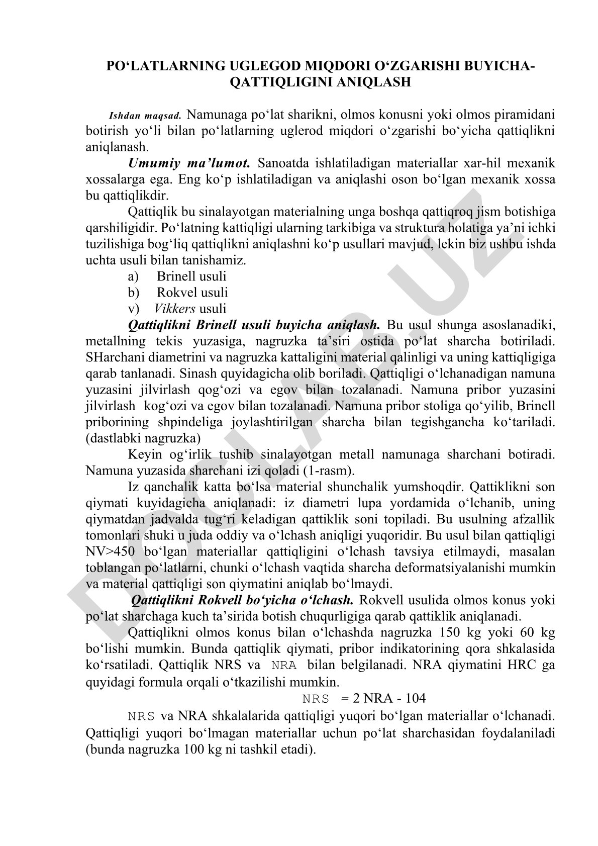 Po‘latlarning uglerod miqdori o‘zgarishi bo‘yicha qattiqlikni aniqlash