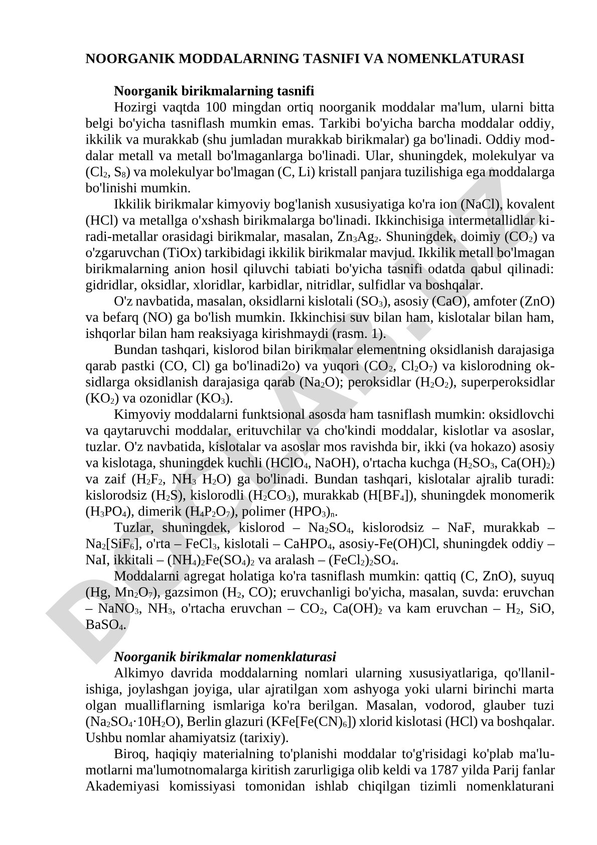 Noorganik moddalarning tasnifi va nomenklaturasi