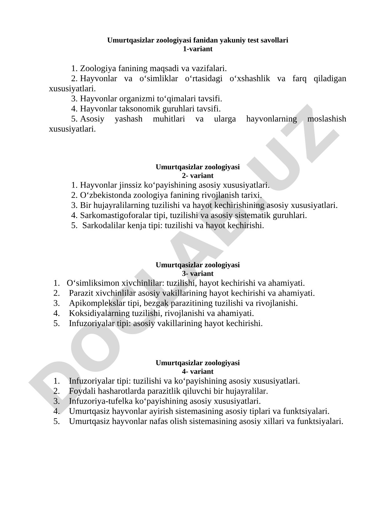 Umurtqasizlar zoologiyasi fanidan yakuniy test savollari 1-variant