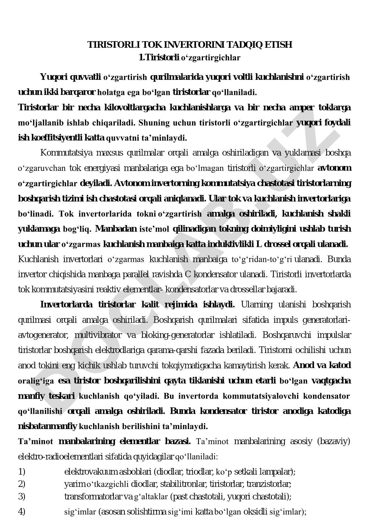 Tiristorli tok invertorini tadqiq etish