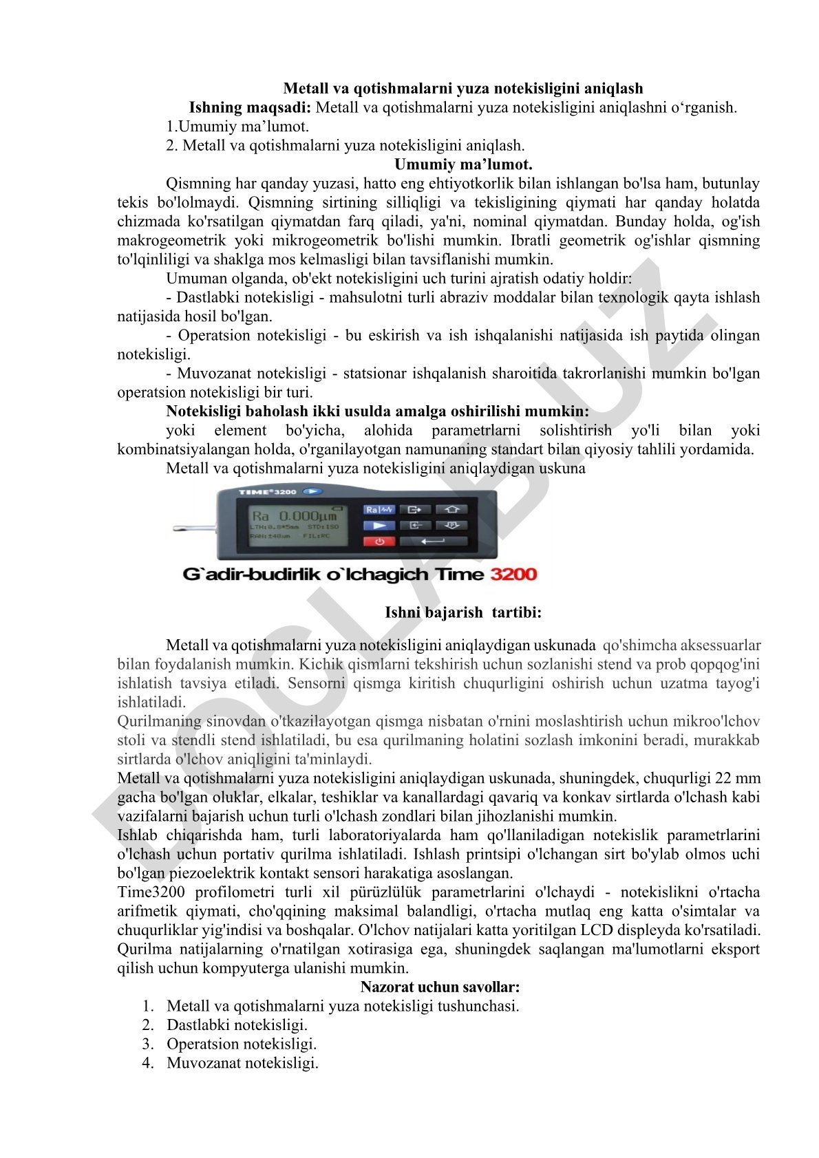 Metall va qotishmalarni yuza notekisligini aniqlash