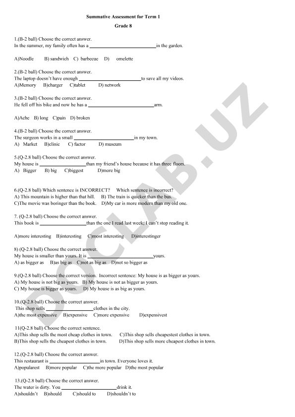 Grade 8 Term 1 Summative Assessment