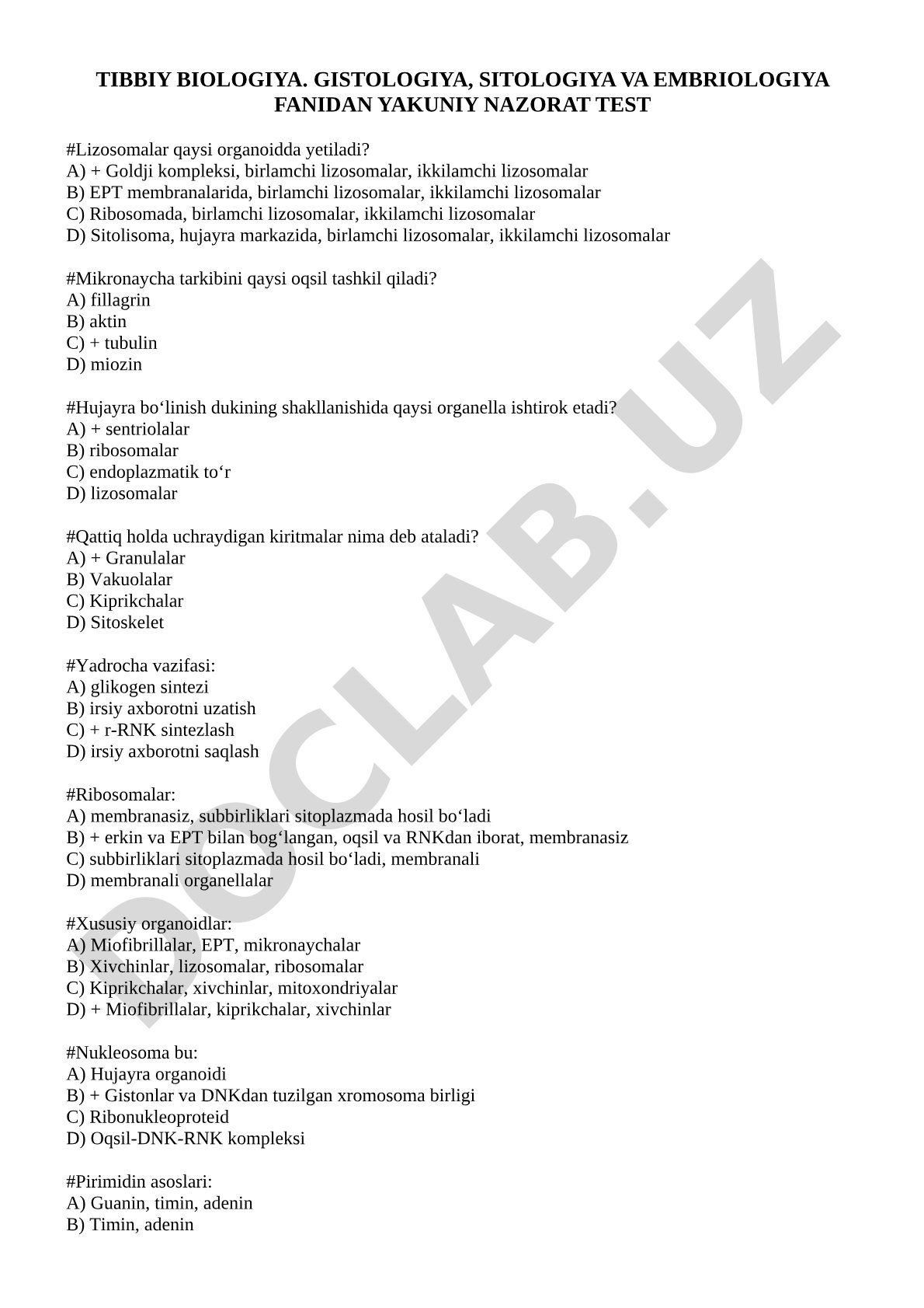 Tibbiy biologiya. Gistologiya, sitologiya va embriologiya fanidan yakuniy nazorat test