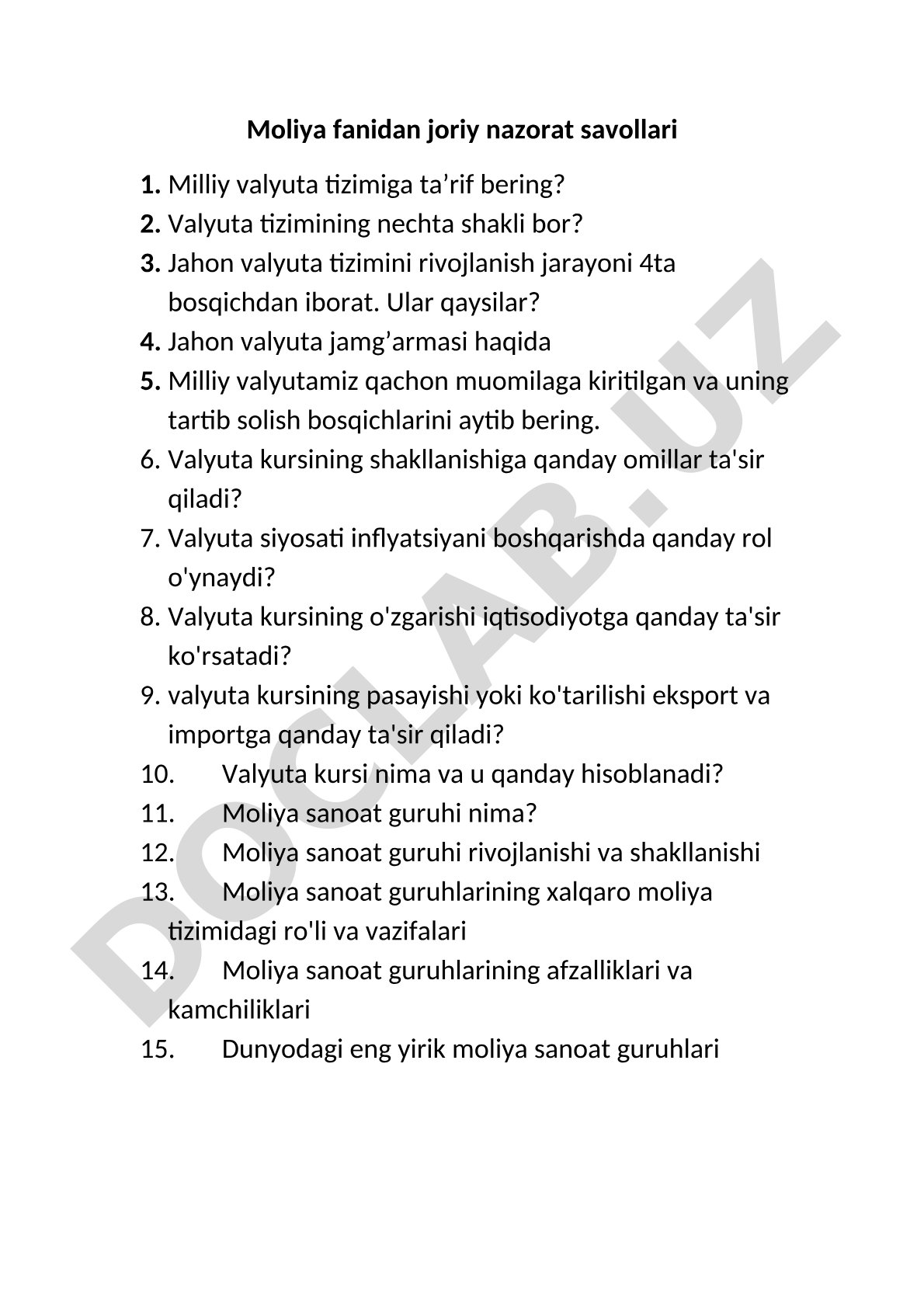 Moliya fanidan joriy nazorat savollari