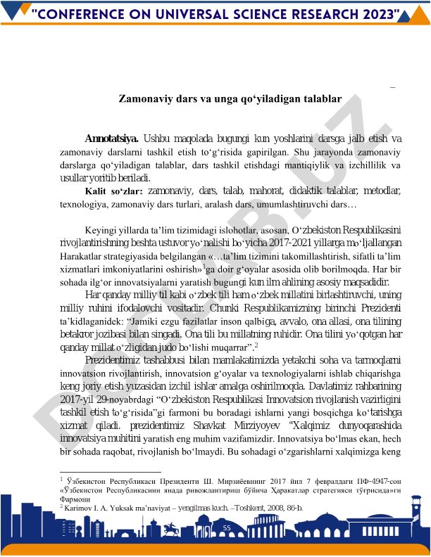 Zamonaviy dars va unga qo'yiladigan talablar