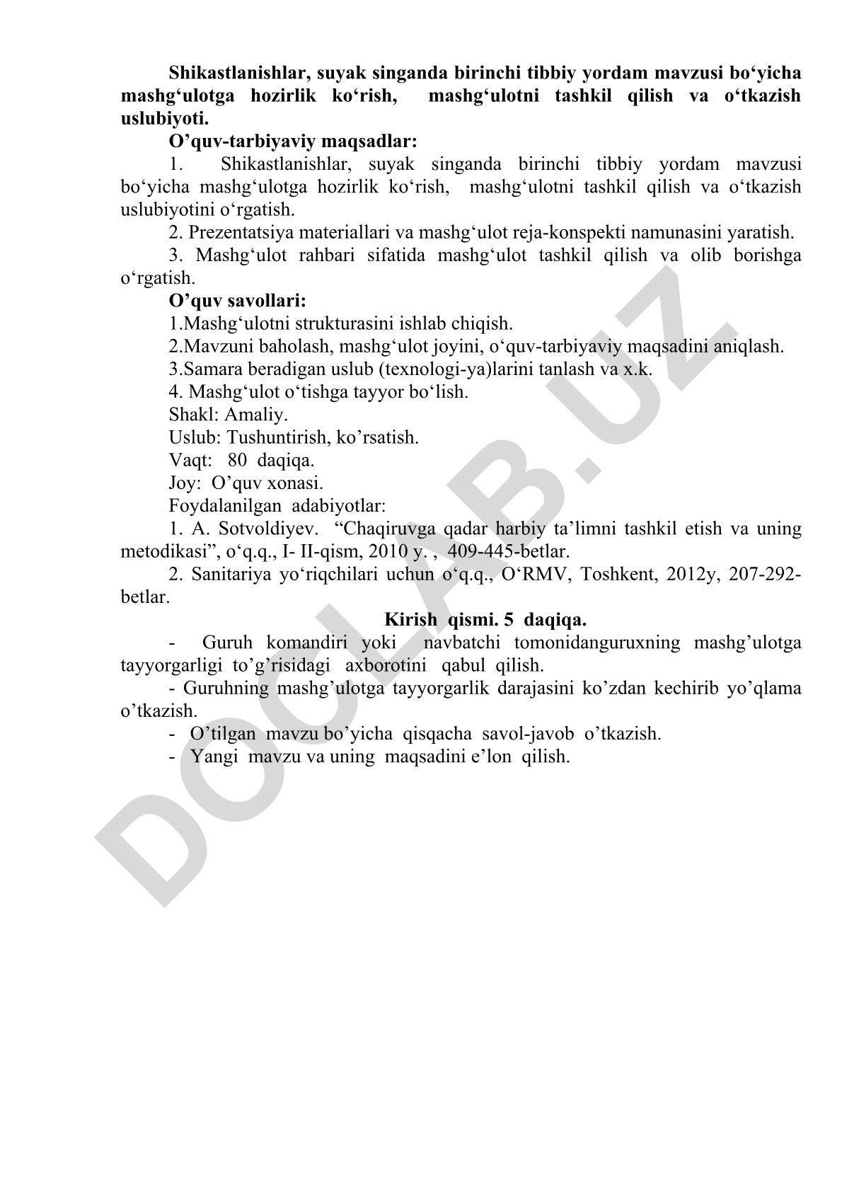 Shikastlanishlar va suyak singanda birinchi tibbiy yordam mashg'uloti