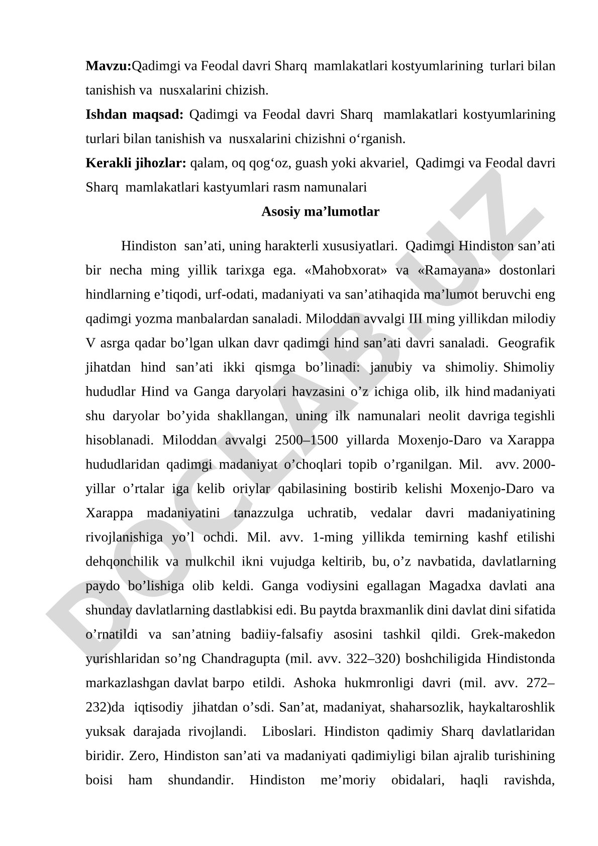 Qadimgi va Feodal davri Sharq mamlakatlari kostyumlarining turlari bilan tanishish va nusxalarini chizish