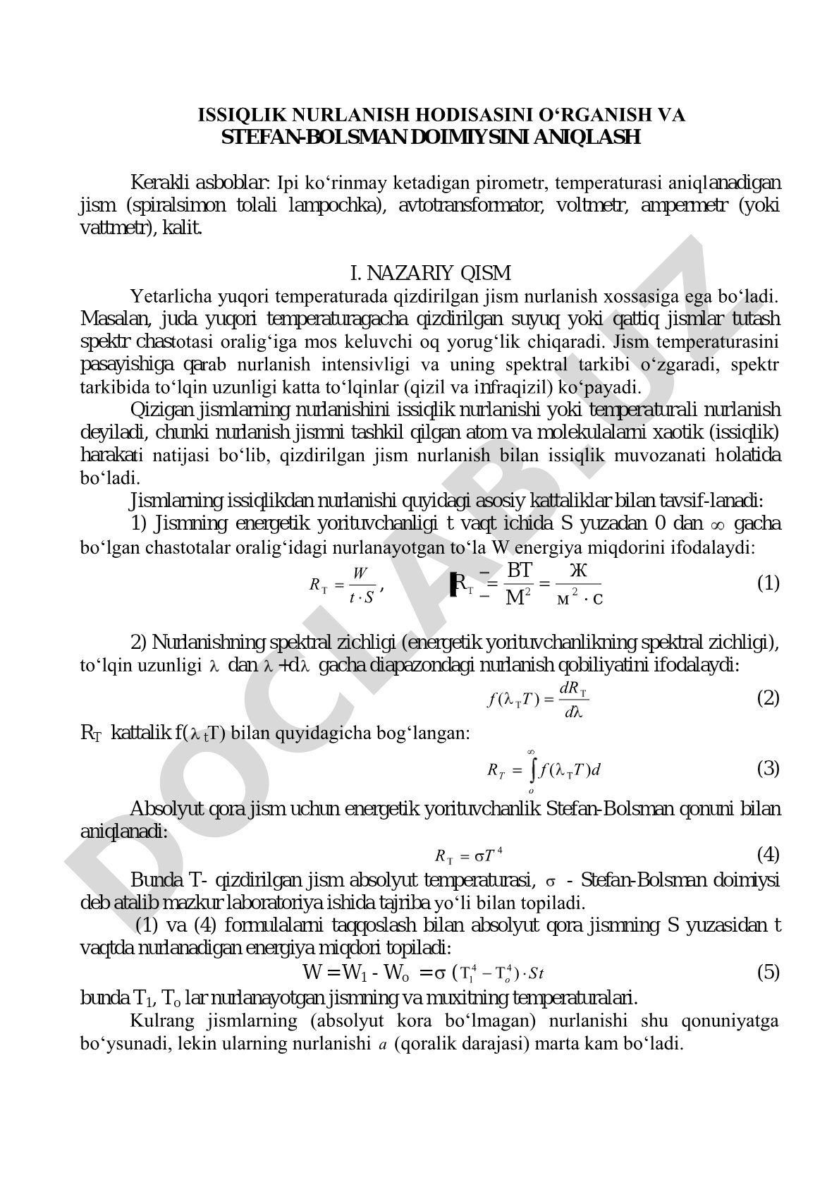 Issiqlik nurlanish hodisasini o‘rganish va Stefan-Bolsman doimiysini aniqlash