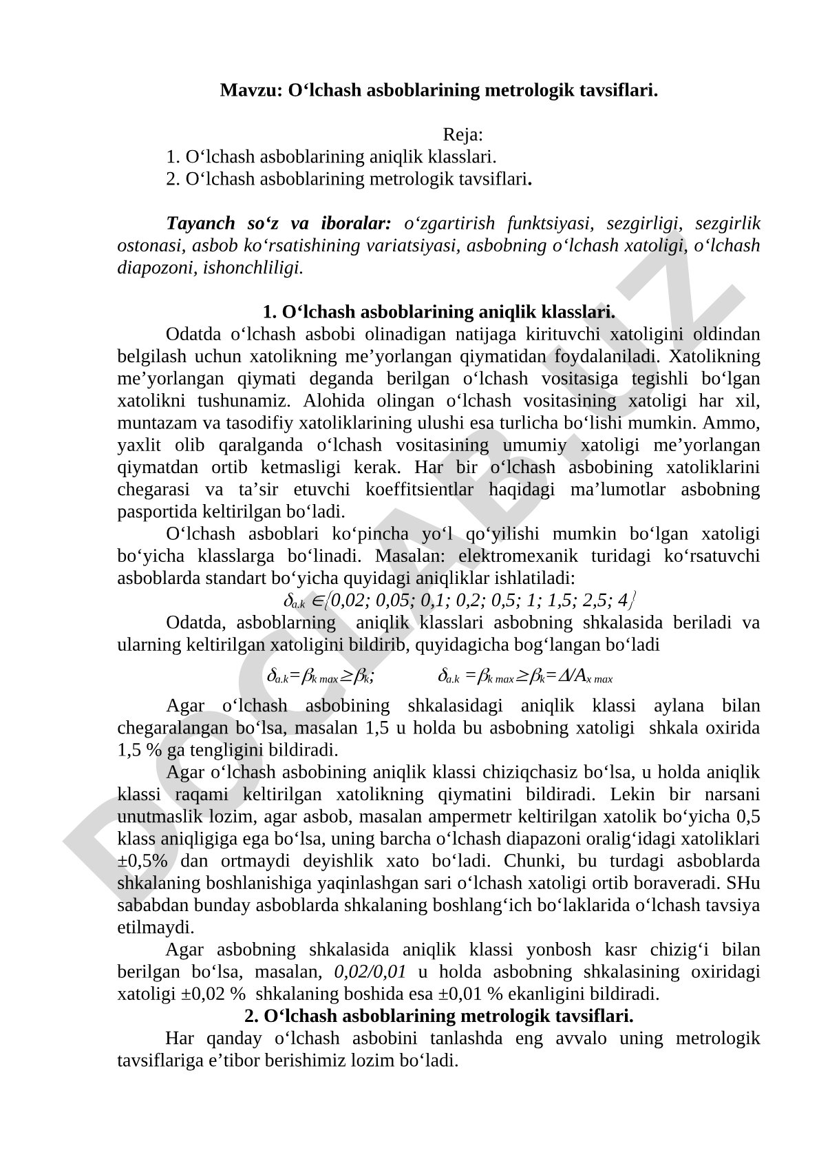 O‘lchash asboblarining metrologik tavsiflari