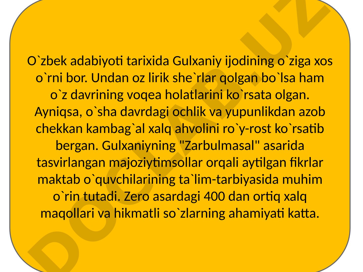 Gulxaniy ijodi va Zarbulmasal asarining tarbiyaviy ahamiyati