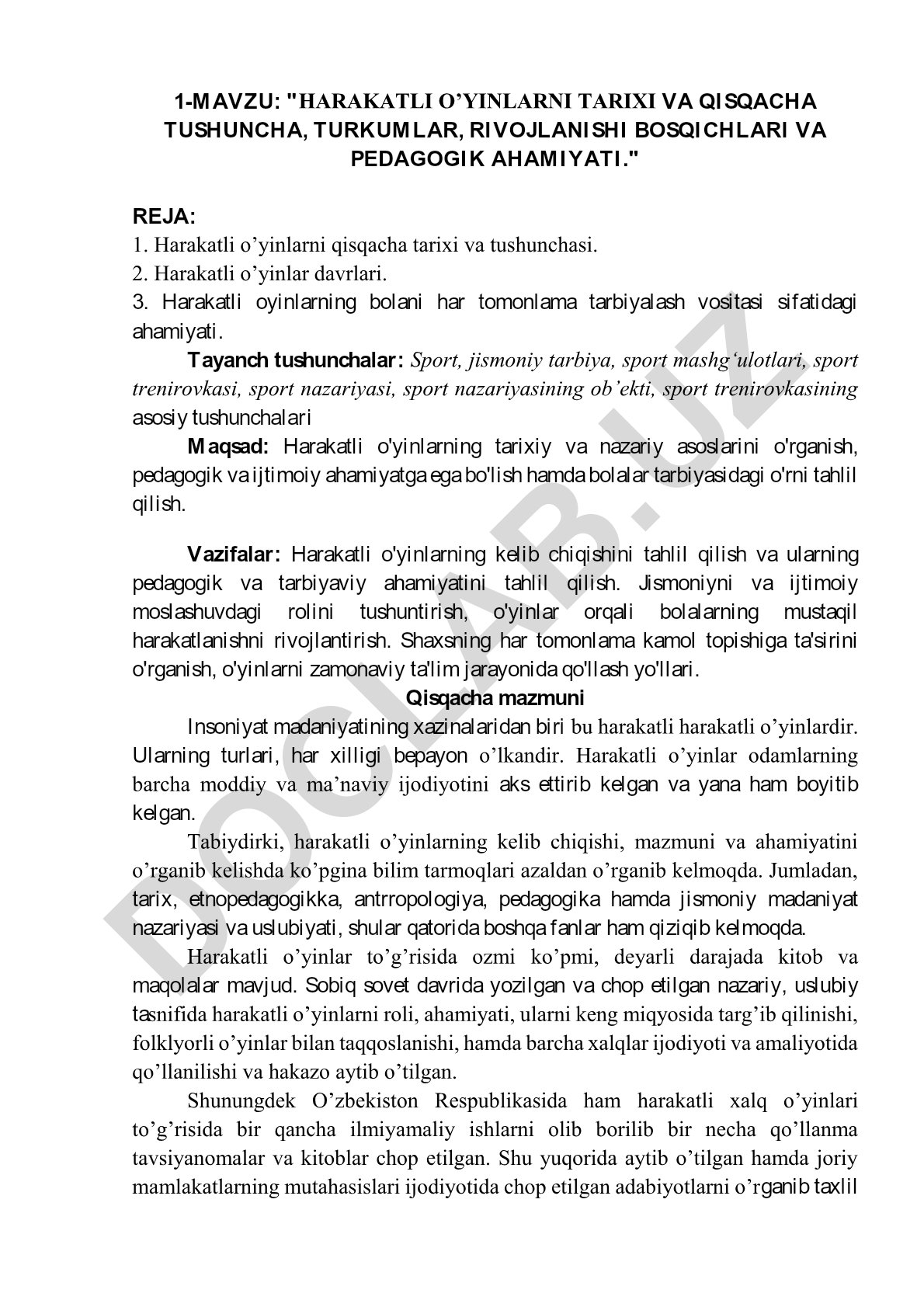 Harakatli o’yinlarning tarixi, turlari, rivojlanish bosqichlari va pedagogik ahamiyati