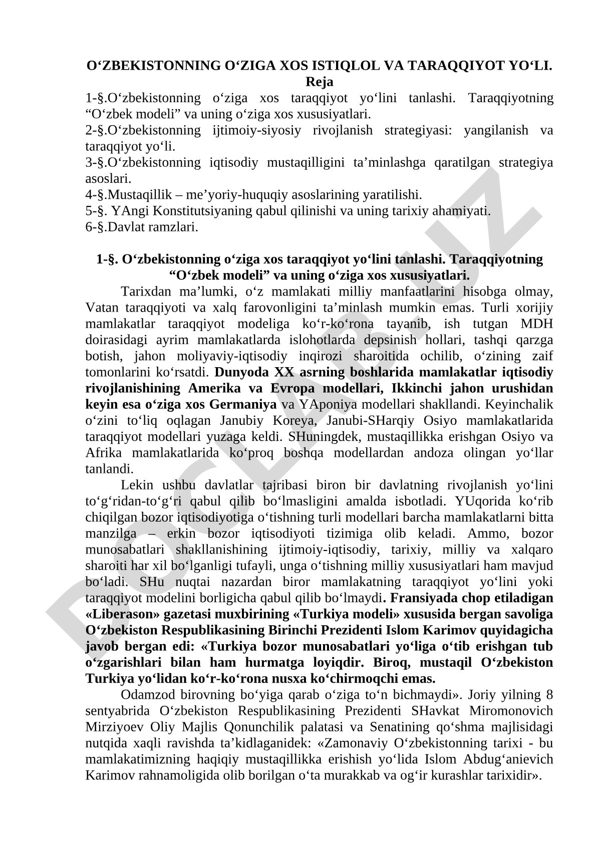 O'zbekistonning o'ziga xos istiqlol va taraqqiyot yo'li