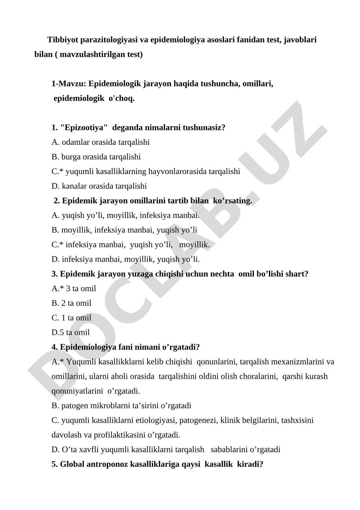 Tibbiyot parazitologiyasi va epidemiologiya asoslari fanidan test