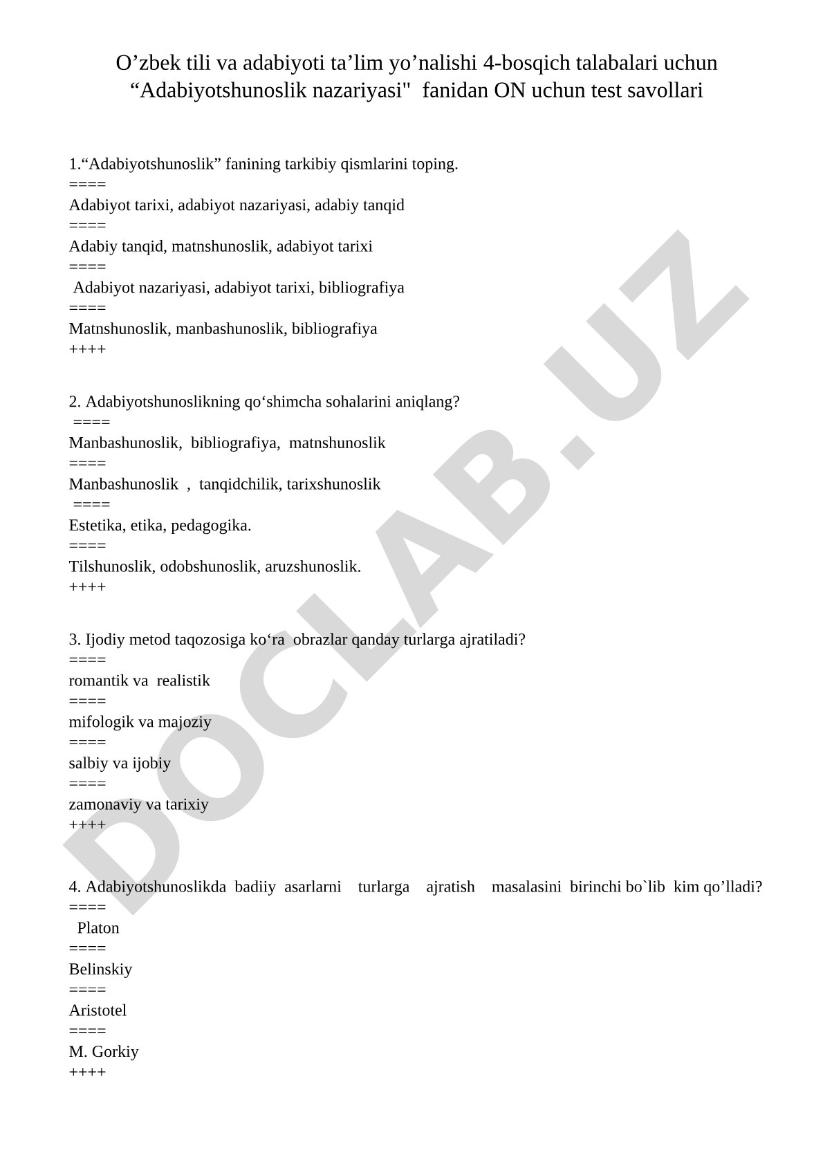 Adabiyotshunoslik nazariyasi fanidan test savollari