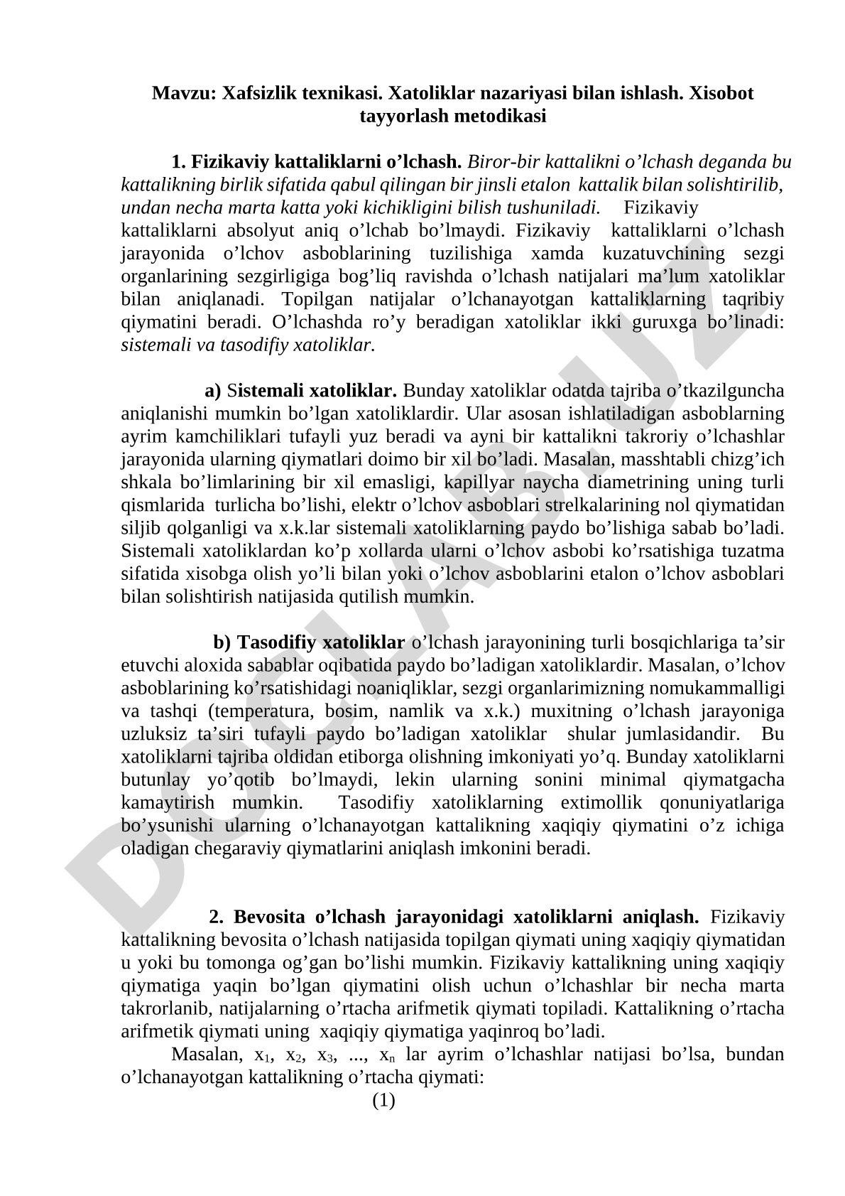 Xafsizlik texnikasi. Xatoliklar nazariyasi bilan ishlash. Xisobot tayyorlash metodikasi