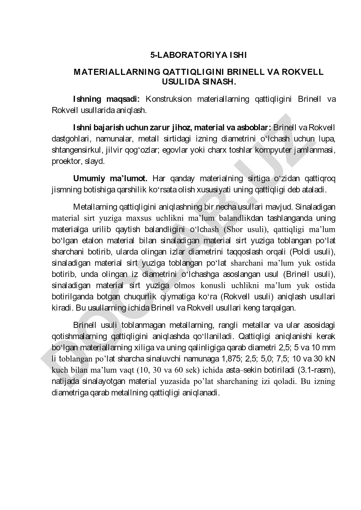 Materiallarning qattiqligini Brinell va Rokvell usullarida sinash