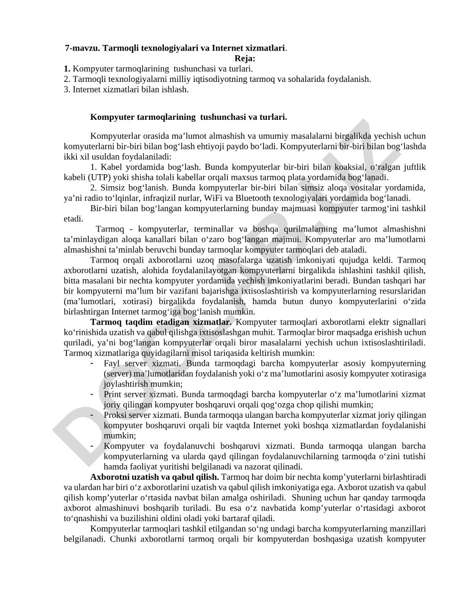 Tarmoqli texnologiyalari va Internet xizmatlari