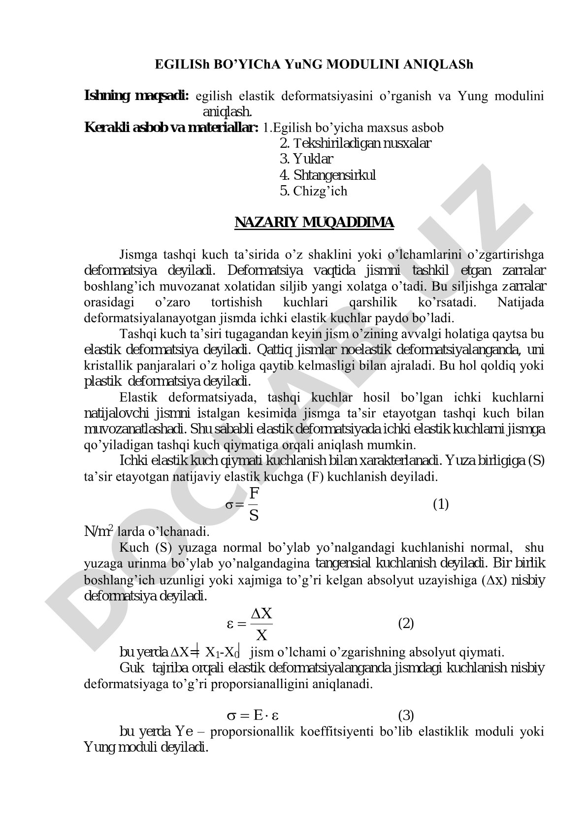 Egilish bo'yicha Yung modulini aniqlash