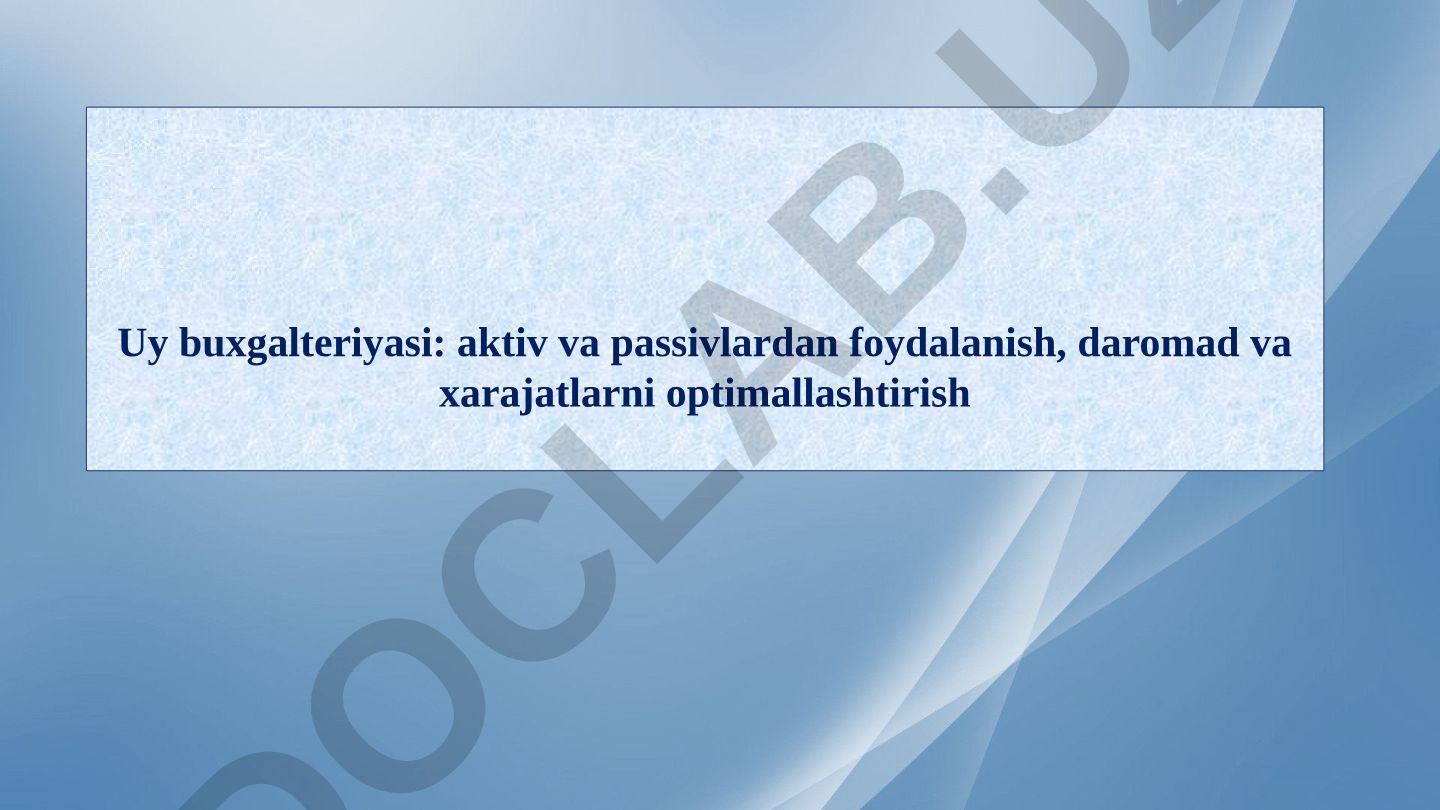 Uy buxgalteriyasi: aktiv va passivlardan foydalanish, daromad va xarajatlarni optimallashtirish