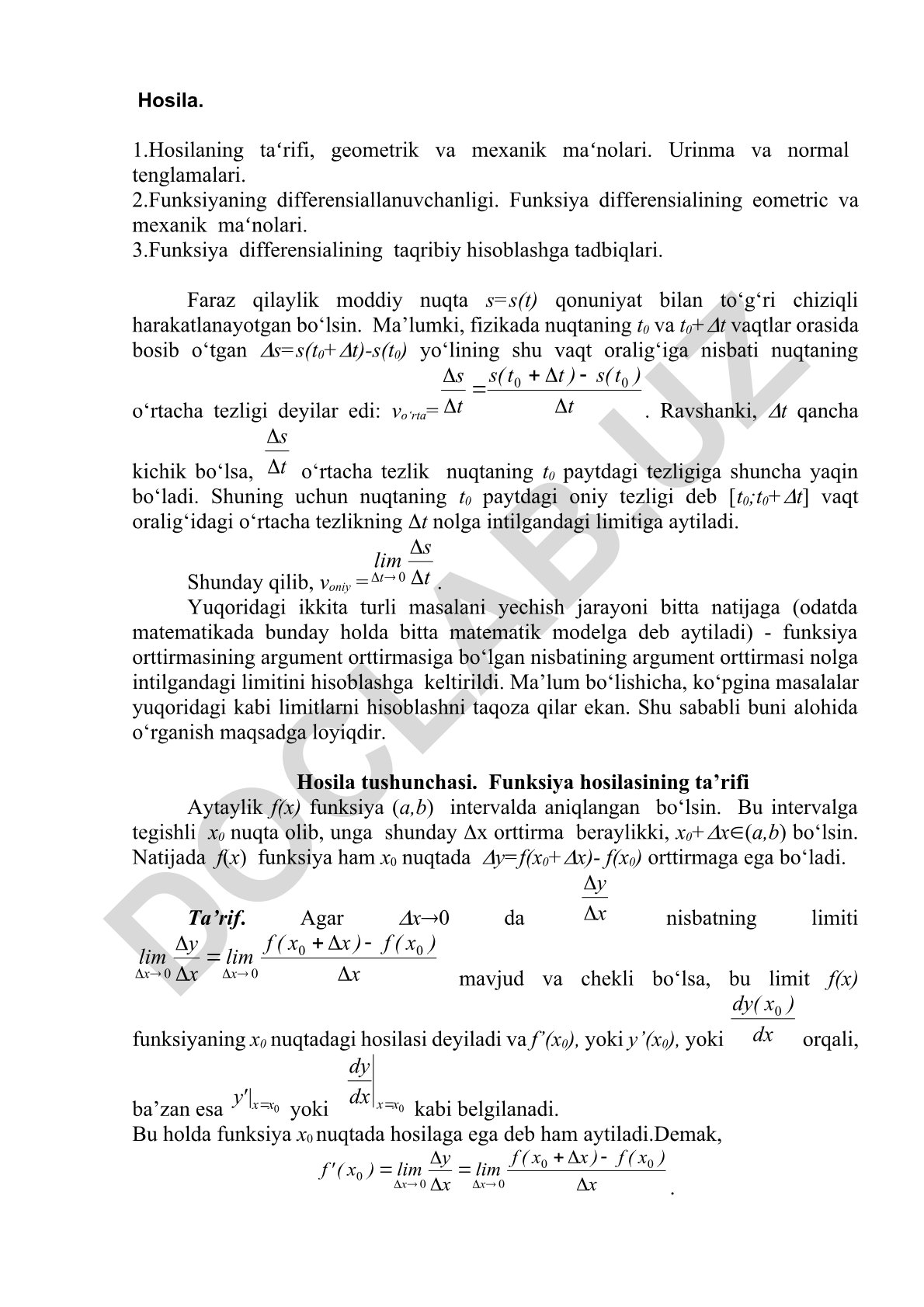 Funksiya hosilasi, differensial va ularning geometrik va mexanik ma'nolari