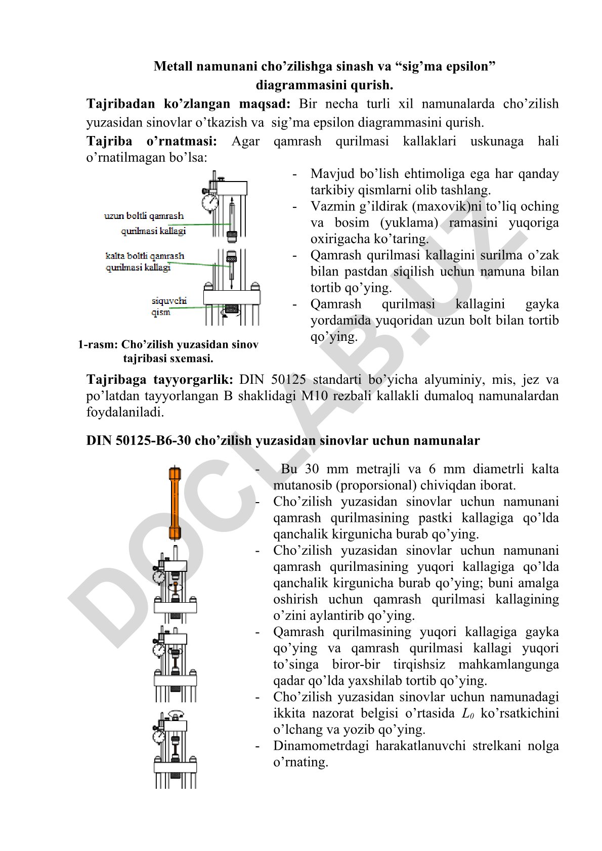Metall namunani cho'zilishga sinash va sig'ma epsilon diagrammasini qurish