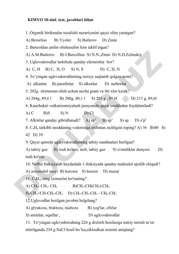 Kimyo 10-sinf organik birikmalar va uglevodorodlar testi
