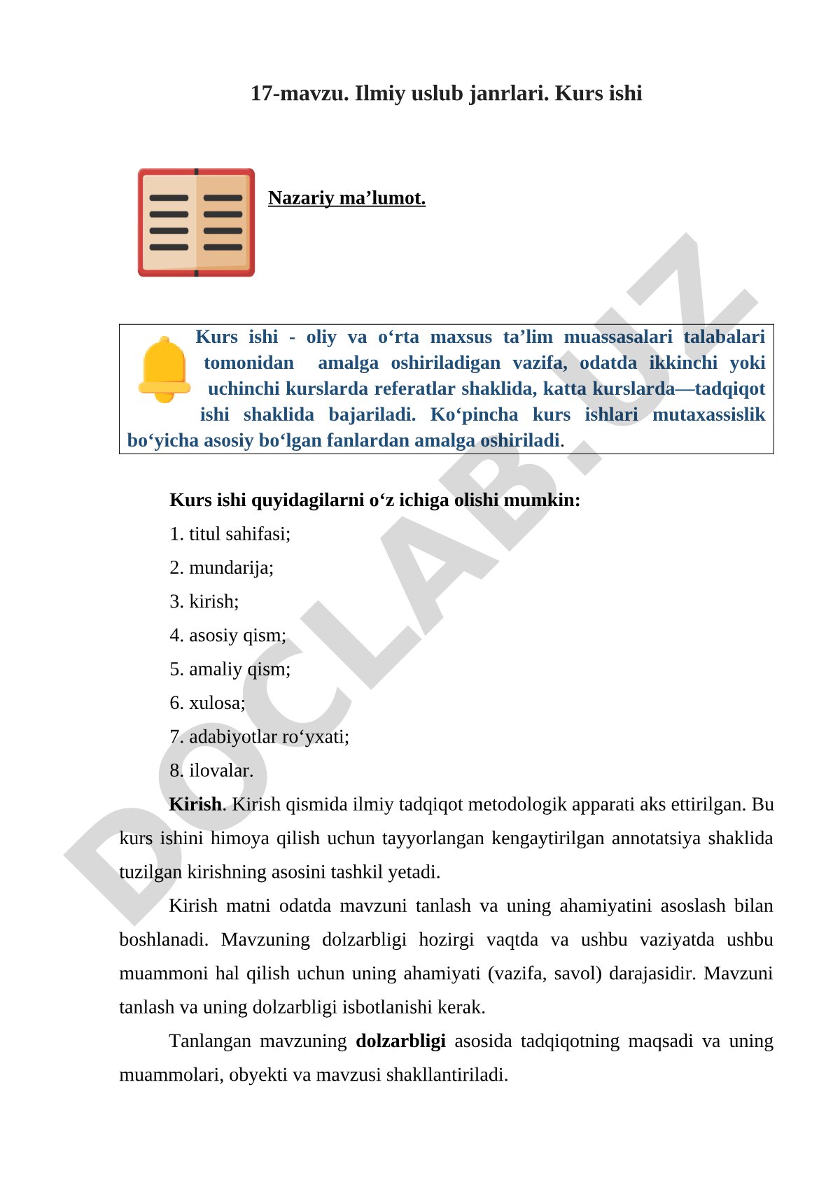 Ilmiy uslub janrlari. Kurs ishi