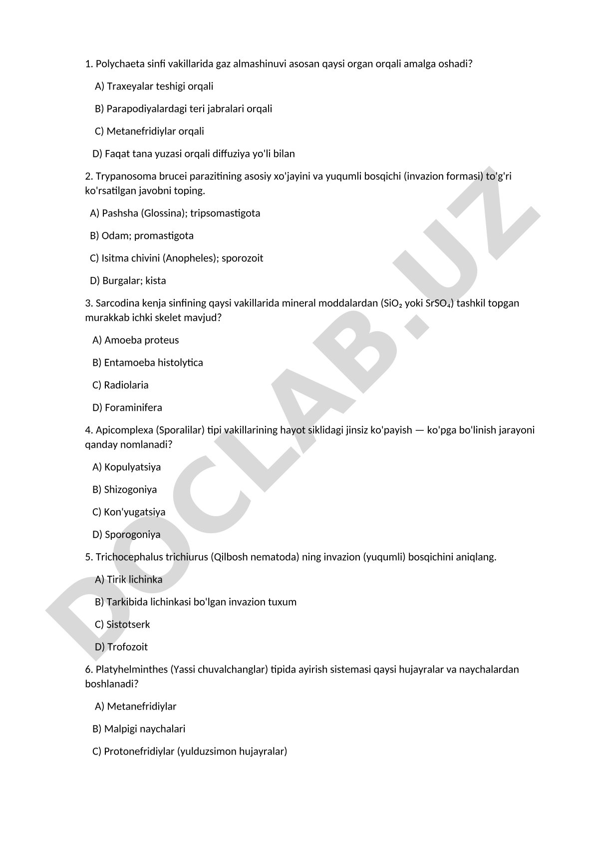 Umurtqasiz hayvonlar zoologiyasi test savollari
