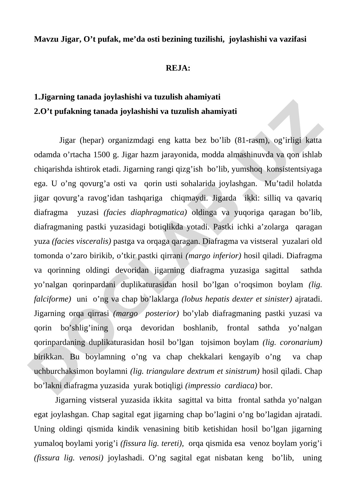 Jigar, O’t pufak, me’da osti bezining tuzilishi, joylashishi va vazifasi