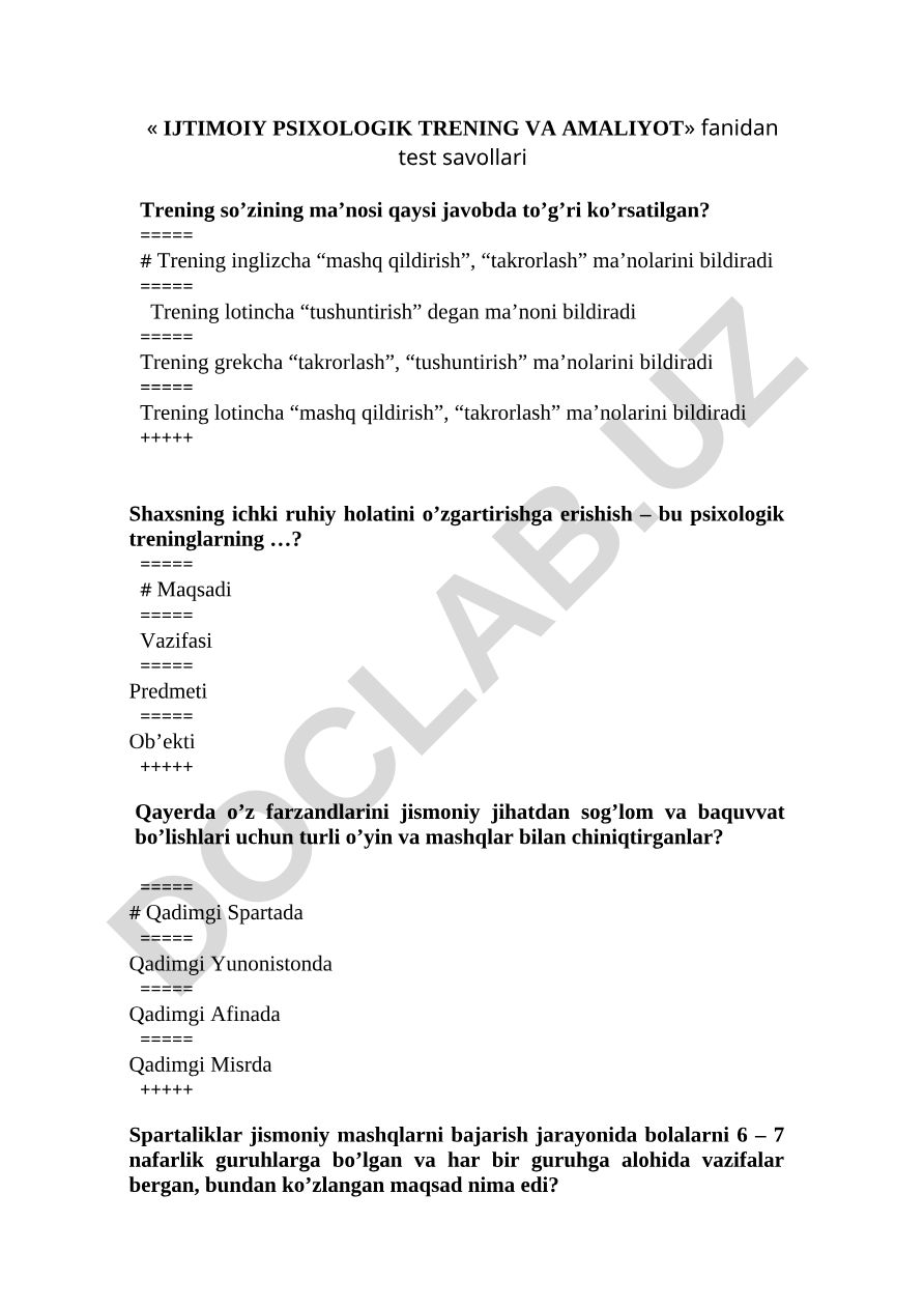 Ijtimoiy psixologik trening va amaliyot fanidan test savollari