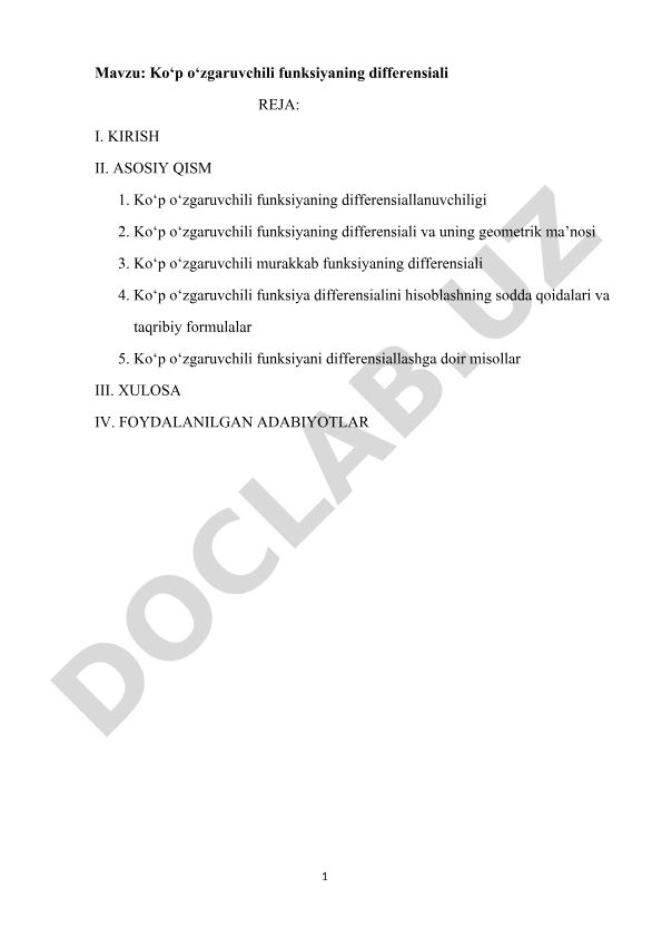 Ko‘p o‘zgaruvchili funksiyaning differensiali