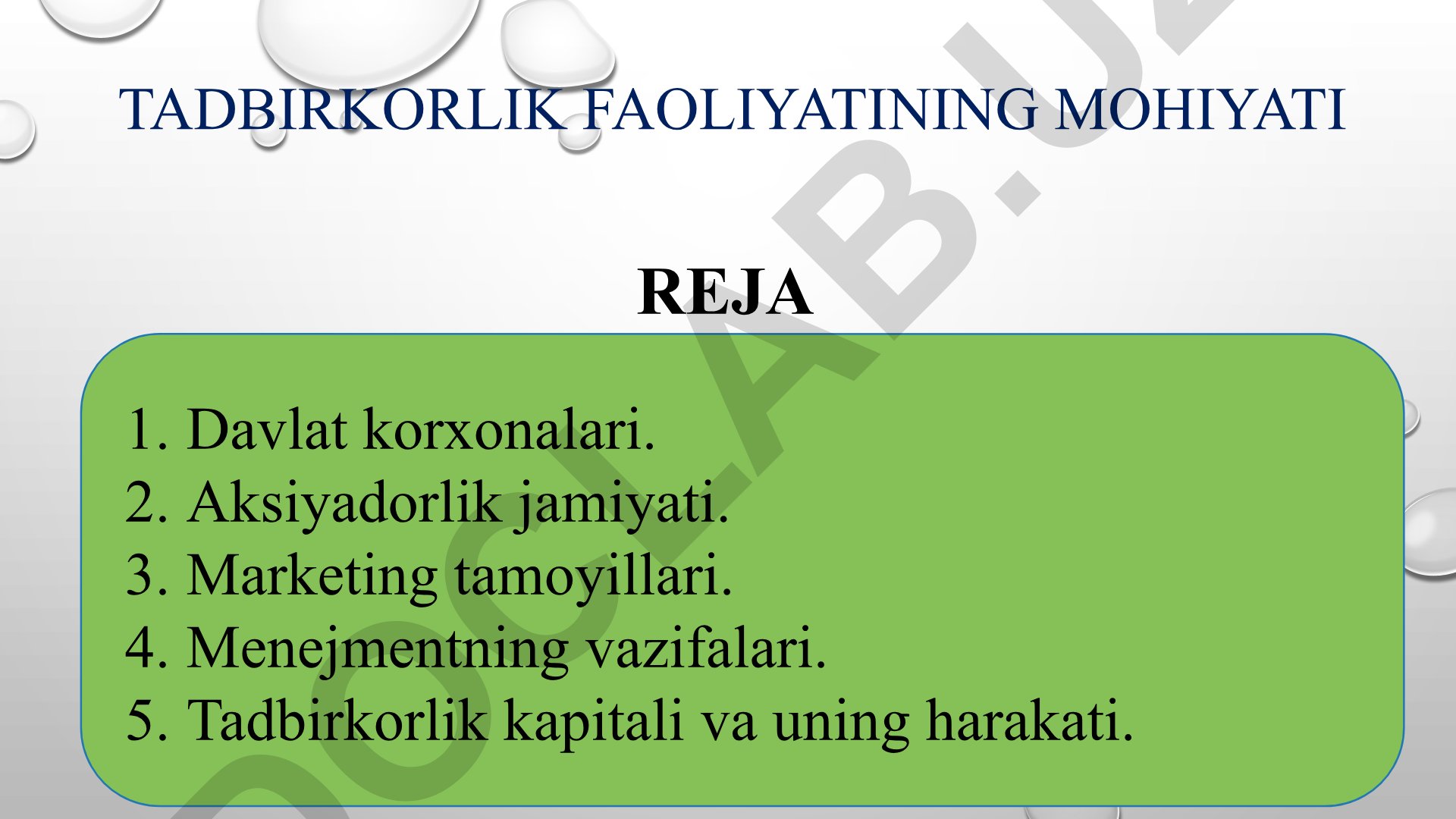 Tadbirkorlik faoliyati, davlat korxonalari va marketing tamoyillari