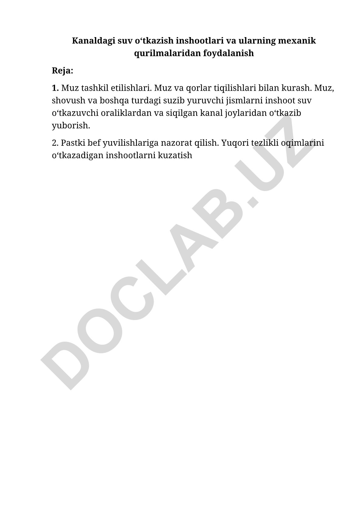 Kanaldagi suv o‘tkazish inshootlari va ularning mexanik qurilmalaridan foydalanish