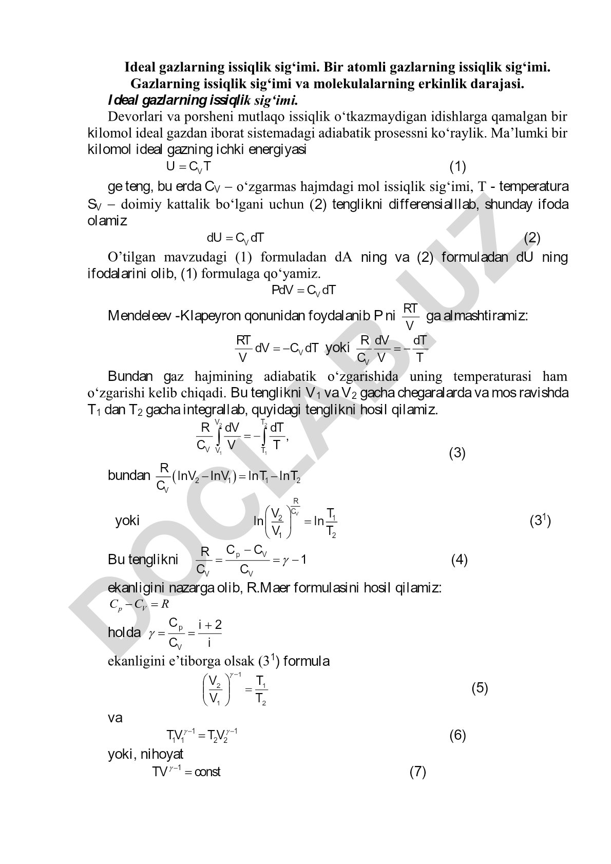 Ideal gazlarning issiqlik sig‘imi va adiabatik prosesslar