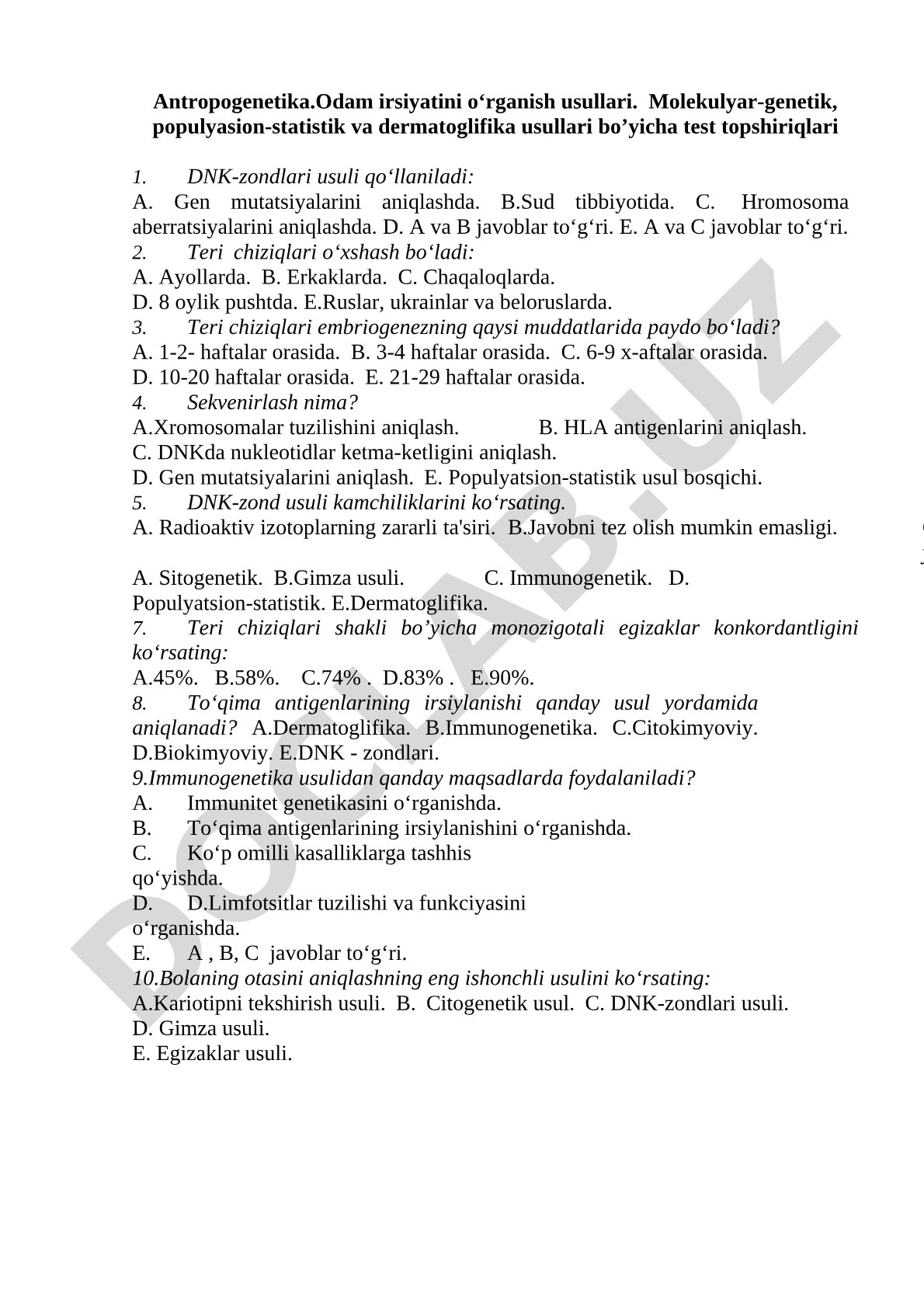 Antropogenetika: Odam irsiyatini o‘rganish usullari va test topshiriqlari