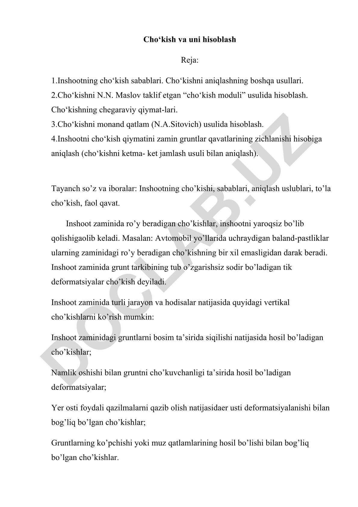 Inshootlarning cho'kish sabablari va hisoblash usullari