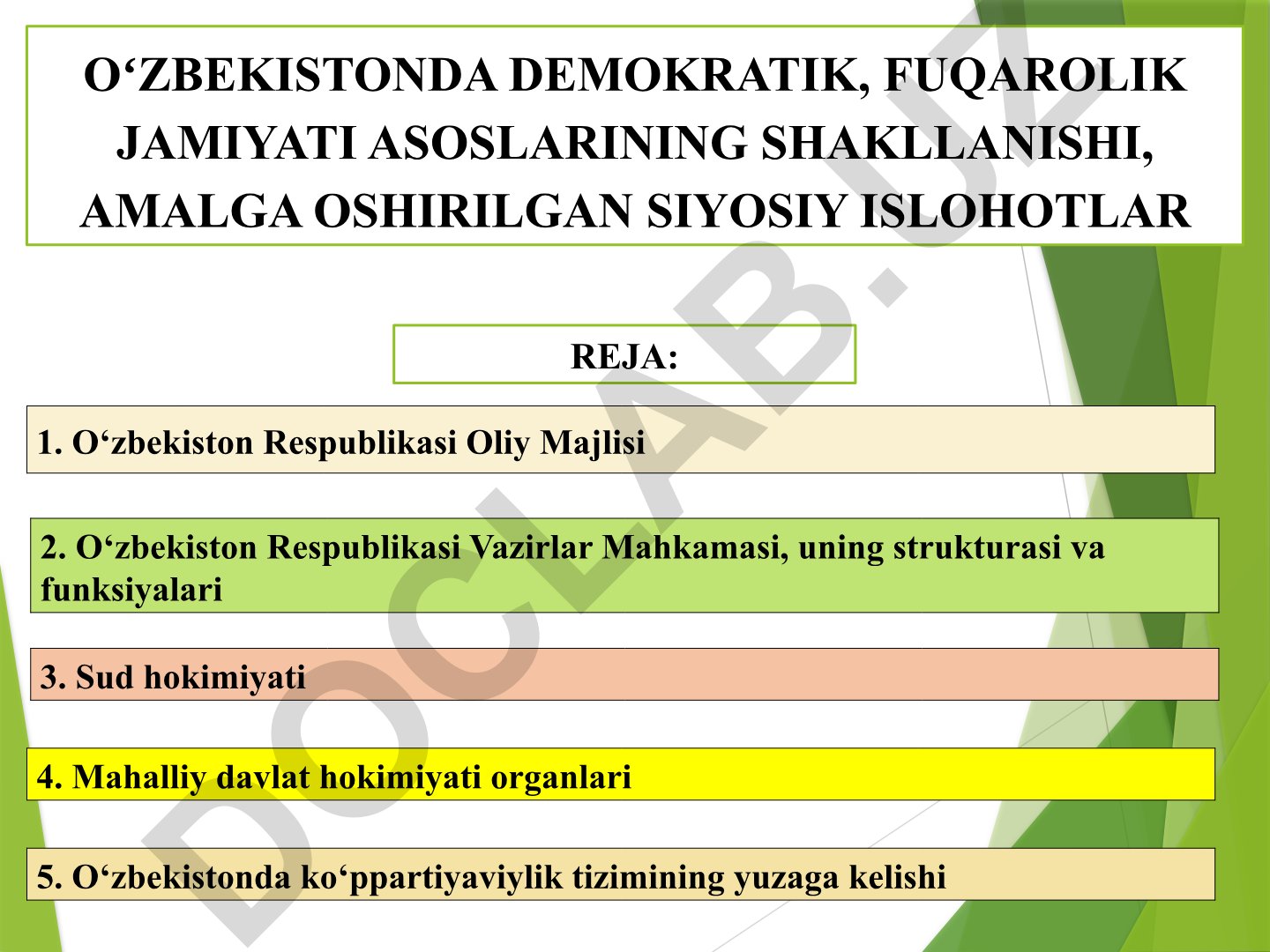 O'zbekistonda demokratik fuqarolik jamiyati asoslarining shakllanishi va siyosiy islohotlar