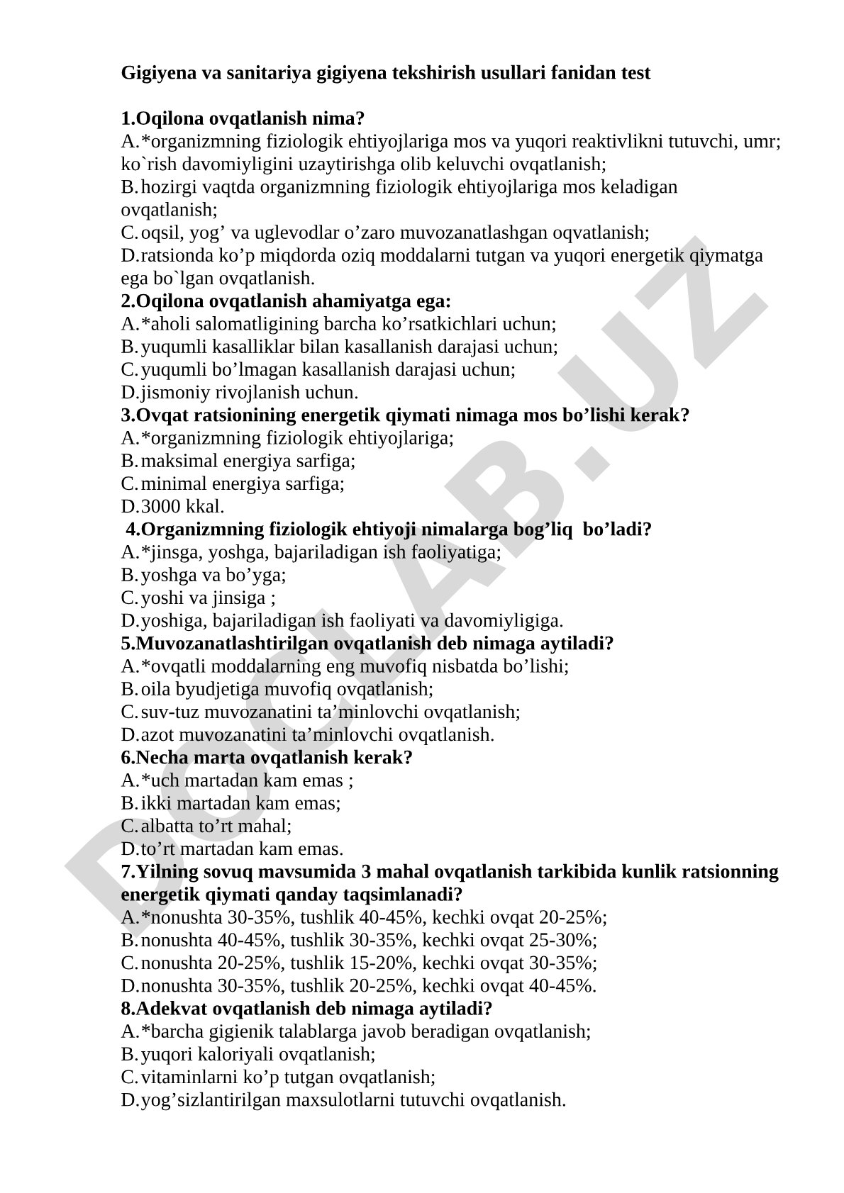 Gigiyena va sanitariya gigiyena tekshirish usullari fanidan test