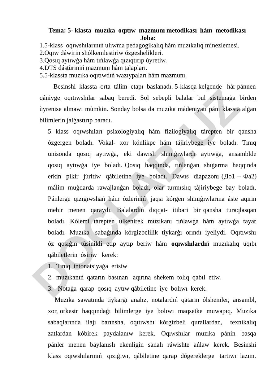 5-klasta muzıka oqıtıw mazmunı metodikası hám metodikası