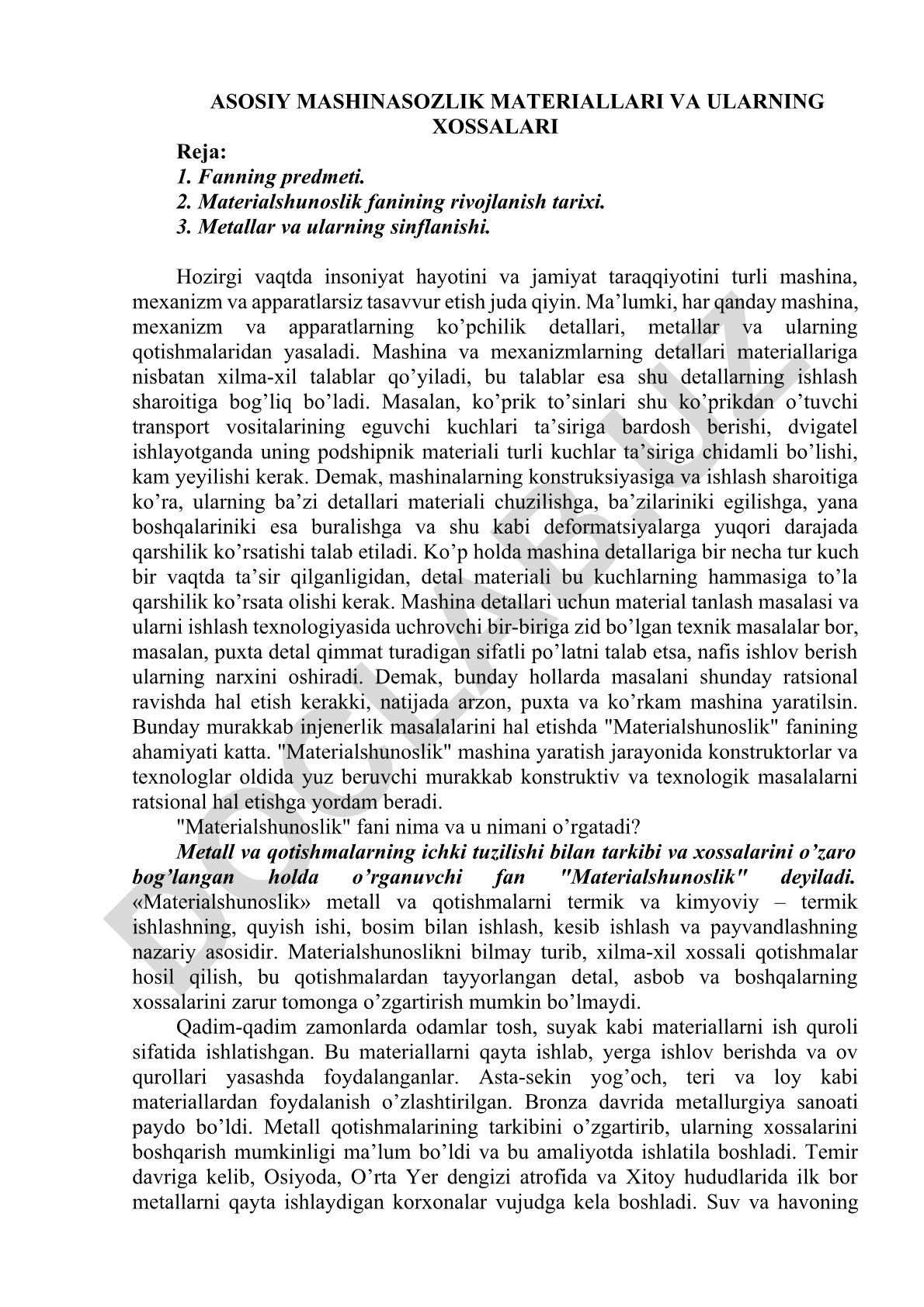 Asosiy mashinasozlik materiallari va ularning xossalari