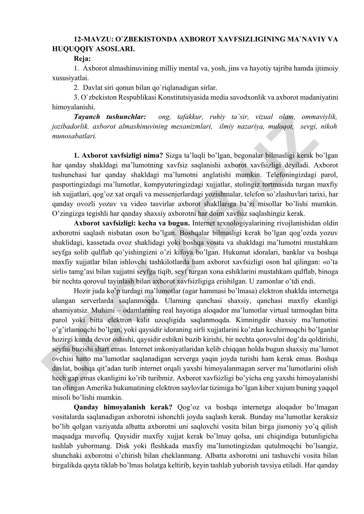 O'zbekistonda axborot xavfsizligining ma'naviy va huquqiy asoslari