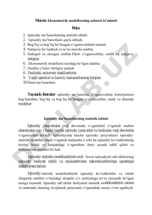 Ekonometrik modellarning axborot ta’minoti