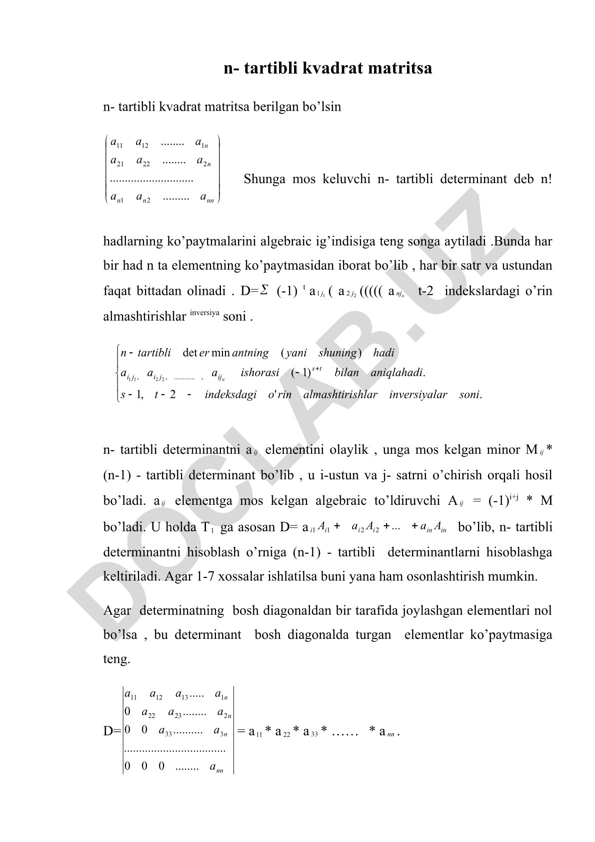 n-tartibli kvadrat matritsa va determinantlar